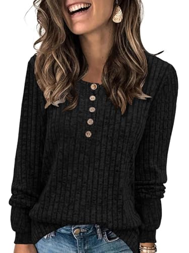 Fisoew Damen Langarmshirt Rundhals-Knöpf Leichte Strickpullover Langarm Gerippt Pullover Basic Herbst Oberteile,Schwarz,XL von Fisoew