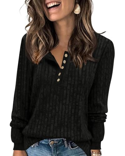 Fisoew Damen Langarmshirt Rundhals-Knöpf Leichte Strickpullover Langarm Gerippt Pullover Basic Herbst Oberteile,Schwarz,L von Fisoew