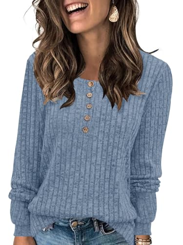 Fisoew Damen Langarmshirt Rundhals-Knöpf Leichte Strickpullover Langarm Gerippt Pullover Basic Herbst Oberteile,Blau,XL von Fisoew
