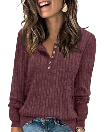 Fisoew Damen Langarmshirt Rundhals-Knöpf Leichte Strickpullover Langarm Gerippt Pullover Basic Herbst Oberteile,Violett,L von Fisoew
