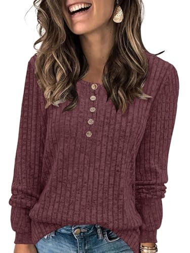 Fisoew Damen Langarmshirt Rundhals-Knöpf Leichte Strickpullover Langarm Gerippt Pullover Basic Herbst Oberteile,Violett,S von Fisoew
