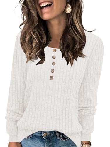 Fisoew Damen Langarmshirt Rundhals-Knöpf Leichte Strickpullover Langarm Gerippt Pullover Basic Herbst Oberteile,Weiß,XL von Fisoew