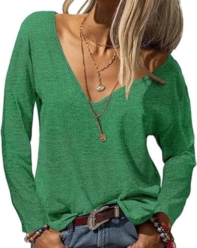 Fisoew Damen Langarmshirt Sexy Oberteile mit V-Ausschnitt Oversized Basic Longshirt Lose Einfabrig Langarm T-Shirt(Grün, XXL) von Fisoew