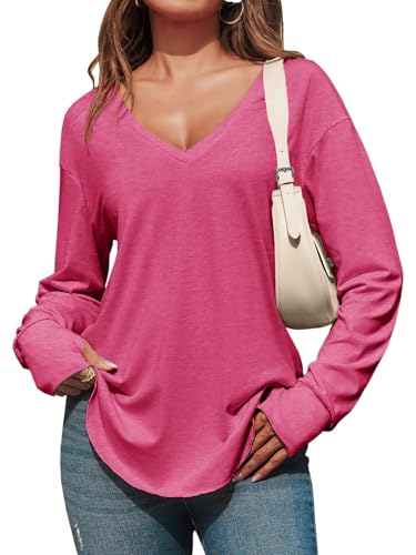 Fisoew Damen Langarmshirt Tiefer V-Ausschnitt Langarm Longshirt Oversized Shirts Lang Tunika Oberteile mit Daumenloch,Rosarot,XL von Fisoew