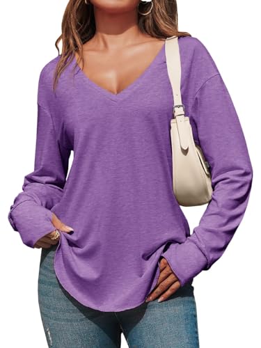 Fisoew Damen Langarmshirt Tiefer V-Ausschnitt Langarm Longshirt Oversized Shirts Lang Tunika Oberteile mit Daumenloch,Violett,XL von Fisoew