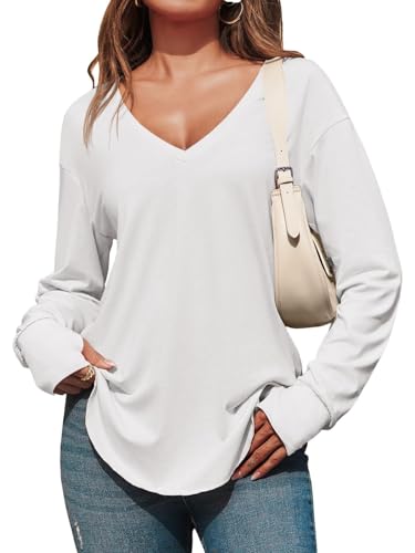 Fisoew Damen Langarmshirt Tiefer V-Ausschnitt Langarm Longshirt Oversized Shirts Lang Tunika Oberteile mit Daumenloch,Weiß,S von Fisoew