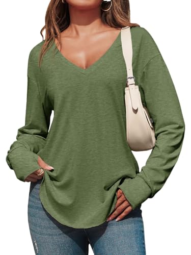 Fisoew Damen Langarmshirt Tiefer V-Ausschnitt Langarm Longshirt Oversized Shirts Lang Tunika Oberteile mit Daumenloch,Armeegrün,M von Fisoew