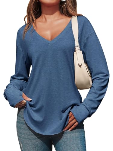 Fisoew Damen Langarmshirt Tiefer V-Ausschnitt Langarm Longshirt Oversized Shirts Lang Tunika Oberteile mit Daumenloch,Dunkelblau,L von Fisoew