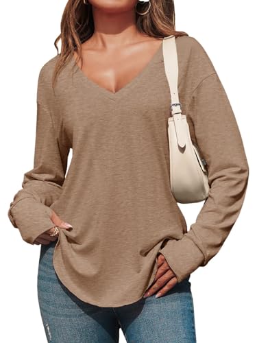 Fisoew Damen Langarmshirt Tiefer V-Ausschnitt Oberteile Oversized Langarm T-Shirt Casual Longshirt mit Daumenloch,Kaffe,XXL von Fisoew