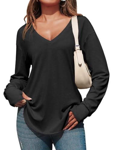 Fisoew Damen Langarmshirt Tiefer V-Ausschnitt Langarm Longshirt Oversized Shirts Lang Tunika Oberteile mit Daumenloch,Schwarz,XXL von Fisoew