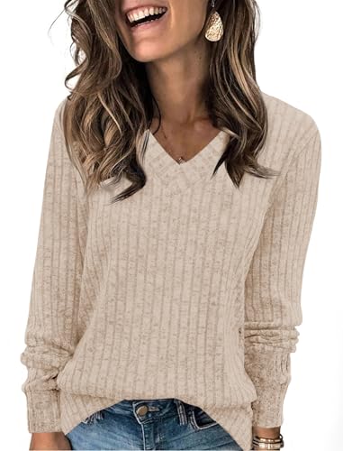 Fisoew Damen Pullover V-Ausschnitt Leicht Langarmshirt Elegant Gerippt Strickpullover Basic Sweatshirt Loose Oberteil mit Knopf,Khaki,XXL von Fisoew