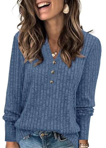 Fisoew Damen Pullover V-Ausschnitt Leicht Langarmshirt Elegant Gerippt Strickpullover Basic Sweatshirt Loose Oberteil mit Knopf,Blau,M von Fisoew