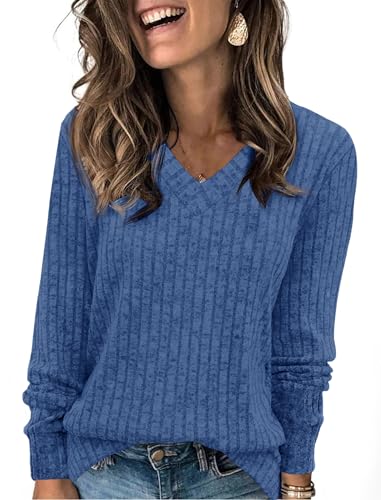 Fisoew Damen Pullover V-Ausschnitt Leicht Langarmshirt Elegant Gerippt Strickpullover Basic Sweatshirt Loose Oberteil mit Knopf,Saphirblau,XL von Fisoew