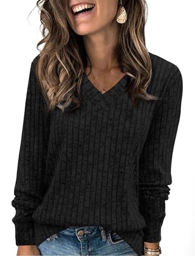 Fisoew Damen Pullover V-Ausschnitt Leicht Langarmshirt Elegant Gerippt Strickpullover Basic Sweatshirt Loose Oberteil mit Knopf,Schwarz,M von Fisoew