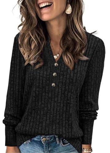 Fisoew Damen Pullover V-Ausschnitt Leicht Langarmshirt Elegant Gerippt Strickpullover Basic Sweatshirt Loose Oberteil mit Knopf,Schwarz-1,XL von Fisoew
