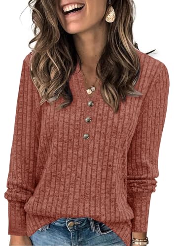 Fisoew Damen Pullover V-Ausschnitt Leicht Langarmshirt Elegant Gerippt Strickpullover Basic Sweatshirt Loose Oberteil mit Knopf,Violett,M von Fisoew