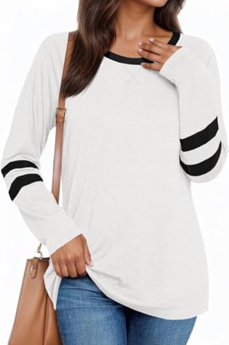 Fisoew Damen Langarmshirt mit Streifen Farbblock Longshirt Rundhals Oberteil Locker Langarm Tunika Shirts,Weiß,XXL von Fisoew