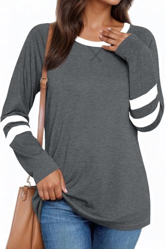 Fisoew Damen Langarmshirt mit Streifen Farbblock Longshirt Rundhals Oberteil Locker Langarm Tunika Shirts,Grau,M von Fisoew
