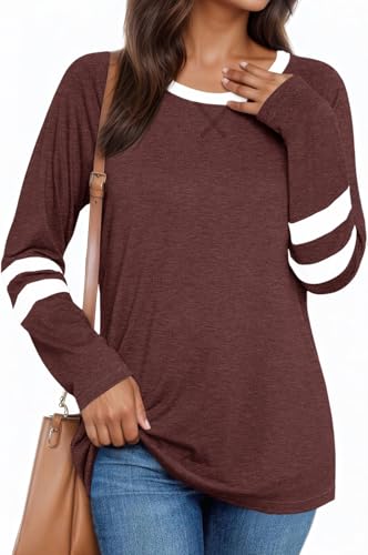 Fisoew Damen Langarmshirt mit Streifen Farbblock Longshirt Rundhals Oberteil Locker Langarm Tunika Shirts,Weinrot,XXL von Fisoew
