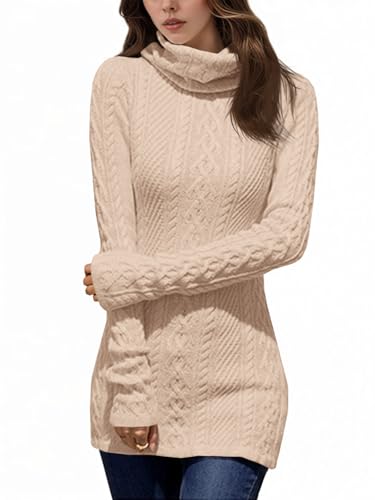 Fisoew Damen Langer Rollkragenpullover Langarm Bodycon Pullover mit Zopfmuster Slim Fit Sweater Aprikose M von Fisoew