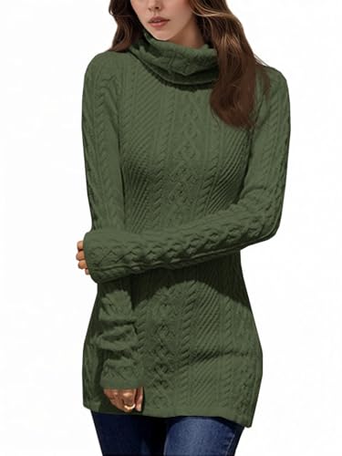 Fisoew Damen Langer Rollkragenpullover Langarm Bodycon Pullover mit Zopfmuster Slim Fit Sweater Armeegrün XL von Fisoew