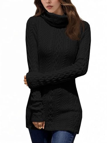 Fisoew Damen Langer Rollkragenpullover Langarm Bodycon Pullover mit Zopfmuster Slim Fit Sweater Schwarz XXL von Fisoew