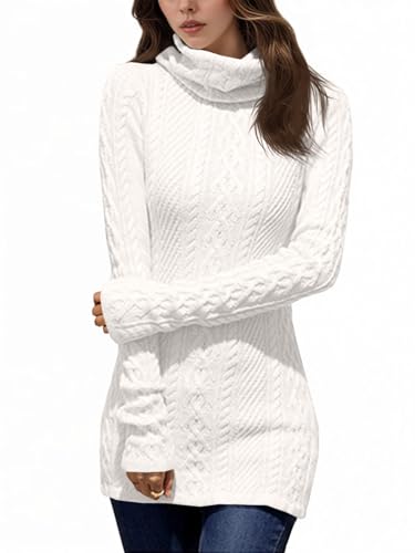 Fisoew Damen Langer Rollkragenpullover Langarm Bodycon Pullover mit Zopfmuster Slim Fit Sweater Weiß S von Fisoew