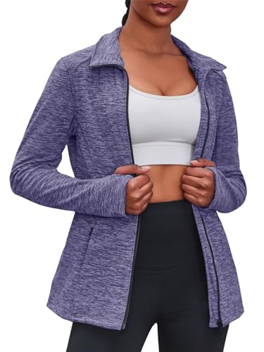 Fisoew Damen Laufjacke Slim Fit Sportjacke Langarm Trainingsjacke Sweatjacke Ohne Kapuze Für Yoga Fitness Leicht Atmungsaktive Full Zip Running-Jacken Activewear Funktionsjacke mit Tasche(Lila,M) von Fisoew