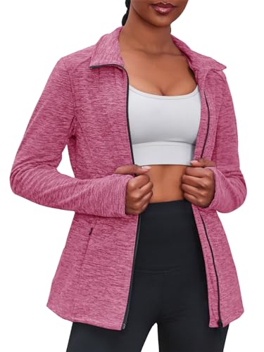 Fisoew Damen Laufjacke Slim Fit Sportjacke Langarm Trainingsjacke Sweatjacke Ohne Kapuze Für Yoga Fitness Leicht Atmungsaktive Full Zip Running-Jacken Activewear Funktionsjacke mit Tasche(Rosa,M) von Fisoew