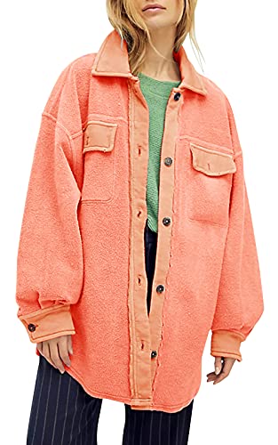 Fisoew Damen Oversize Langarm Button Down Shirt Jacke Weich Bequem Freizeitjacke Mäntel mit Taschen, Orange/Abendrot im Zickzackmuster (Sunset Chevron), XL von Fisoew