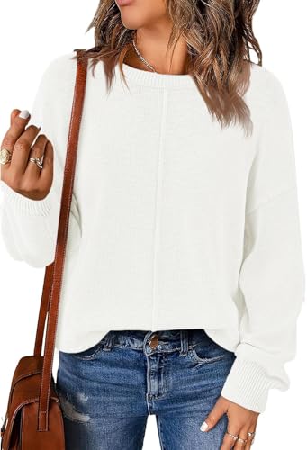 Fisoew Damen Pullover Langarm Rundhals Strickpullover Herbst Winter Basic Pulli Einfarbig Oberteile Beige,L von Fisoew