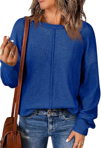 Fisoew Damen Pullover Langarm Rundhals Strickpullover Herbst Winter Basic Pulli Einfarbig Oberteile Royalblau,M von Fisoew