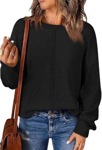 Fisoew Damen Pullover Langarm Rundhals Strickpullover Herbst Winter Basic Pulli Einfarbig Oberteile Schwarz,S von Fisoew