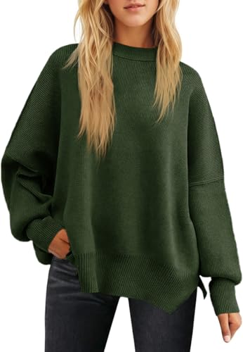 Fisoew Damen Pullover Oversize Langarm Rundhals Einfarbig Strickpullover Herbst Winter Pulli Oberteile mit Seitenschlitz Armeegrün XL Fisoew Damen Pullover Oversize Langarm Rundhals Einfarbig Strickpullover Herbst Winter Pulli Oberteile mit Seitenschlitz Armeegrün XL von Fisoew