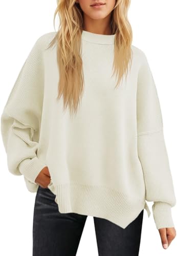 Fisoew Damen Pullover Oversize Langarm Rundhals Einfarbig Strickpullover Herbst Winter Pulli Oberteile mit Seitenschlitz Beige XXL von Fisoew