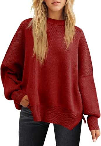 Fisoew Damen Pullover Oversize Langarm Rundhals Einfarbig Strickpullover Herbst Winter Pulli Oberteile mit Seitenschlitz Rot XL von Fisoew