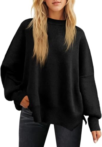 Fisoew Damen Pullover Oversize Langarm Rundhals Einfarbig Strickpullover Herbst Winter Pulli Oberteile mit Seitenschlitz Schwarz L von Fisoew