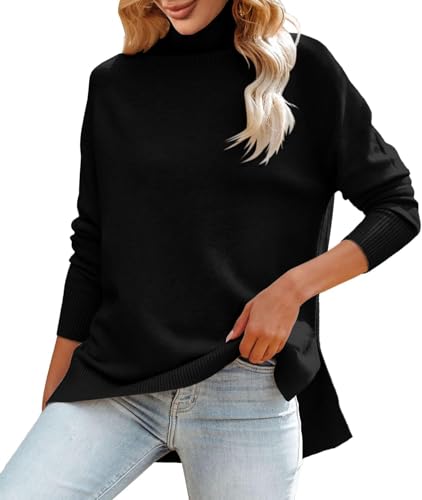 Fisoew Damen Pullover Rollkragen Langarm Strickpullover Herbst Winter Gestrickt Oberteile Elegant Casual(Schwarz,S) von Fisoew