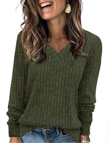 Fisoew Damen Pullover V-Ausschnitt Leicht Langarmshirt Elegant Gerippt Strickpullover Basic Sweatshirt Loose Oberteil mit Knopf,Armeegrün,XXL von Fisoew