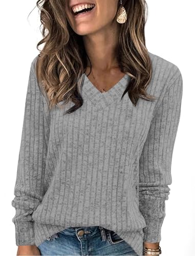 Fisoew Damen Pullover V-Ausschnitt Leicht Langarmshirt Elegant Gerippt Strickpullover Basic Sweatshirt Loose Oberteil mit Knopf,Grau,XXL von Fisoew