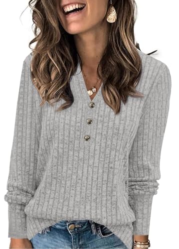 Fisoew Damen Pullover V-Ausschnitt Leicht Langarmshirt Elegant Gerippt Strickpullover Basic Sweatshirt Loose Oberteil mit Knopf,Grau-1,L von Fisoew