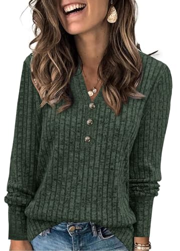 Fisoew Damen Pullover V-Ausschnitt Leicht Langarmshirt Elegant Gerippt Strickpullover Basic Sweatshirt Loose Oberteil mit Knopf,Grün,XXL von Fisoew