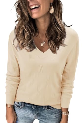 Fisoew Damen Pullover V Ausschnitt Strickpullover mit Blockmuster Langarm Pulli Elegant Sweater,Aprikose,XXL von Fisoew