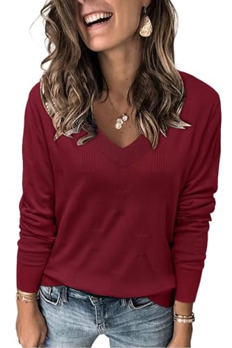 Fisoew Damen Pullover V Ausschnitt Strickpullover mit Blockmuster Langarm Pulli Elegant Sweater,Rot,S Fisoew Damen Pullover V Ausschnitt Strickpullover mit Blockmuster Langarm Pulli Elegant Sweater,Rot,S von Fisoew
