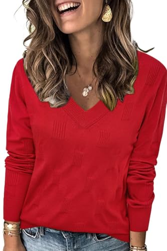 Fisoew Damen Pullover V Ausschnitt Strickpullover mit Blockmuster Langarm Pulli Elegant Sweater,Rot,XXL von Fisoew