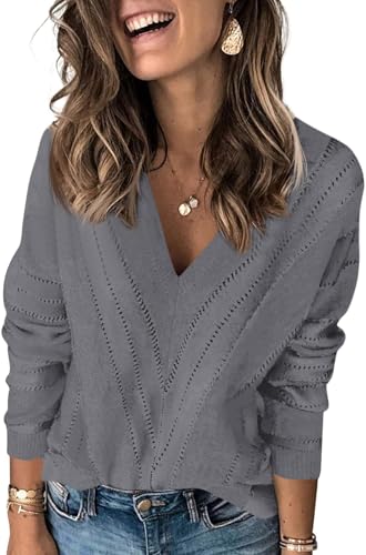 Fisoew Damen Pullover V-Ausschnitt Strickpullover mit V-Form Gestreift Langarm Pulli Sweater,Grau,M von Fisoew