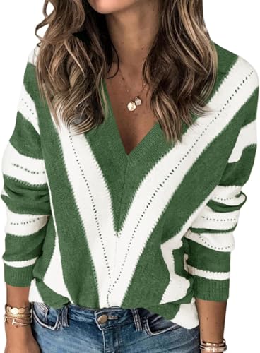 Fisoew Damen Pullover V-Ausschnitt Strickpullover mit V-Form Gestreift Langarm Pulli Sweater,Grün,XL von Fisoew