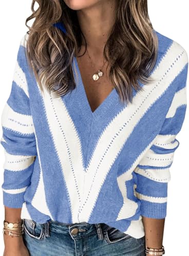 Fisoew Damen Pullover V-Ausschnitt Strickpullover mit V-Form Gestreift Langarm Pulli Sweater,Himmelblau,L von Fisoew