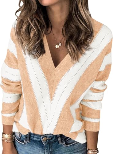 Fisoew Damen Pullover V-Ausschnitt Strickpullover mit V-Form Gestreift Langarm Pulli Sweater,Khaki,S von Fisoew