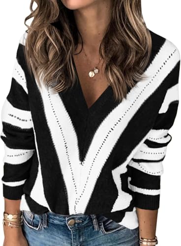 Fisoew Damen Pullover V-Ausschnitt Strickpullover mit V-Form Gestreift Langarm Pulli Sweater,Schwarz-1,XL von Fisoew